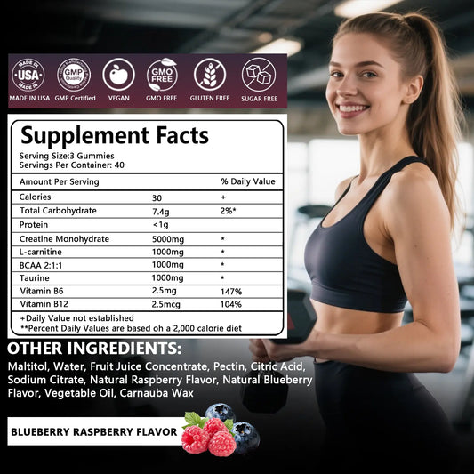 CRASYE Creatine Gummies 8000Mg Blueberry Raspberry Flavor 120 Gummies Supports Muscle Gains Workout Recovery Essential Aminos Made in USA Fitness Endurance Supplement