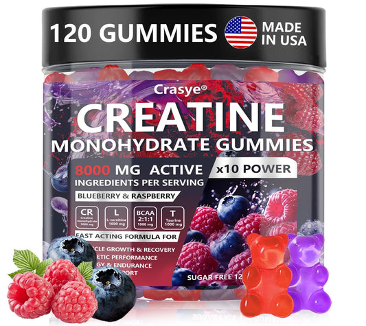 CRASYE Creatine Gummies 8000Mg Blueberry Raspberry Flavor 120 Gummies Supports Muscle Gains Workout Recovery Essential Aminos Made in USA Fitness Endurance Supplement